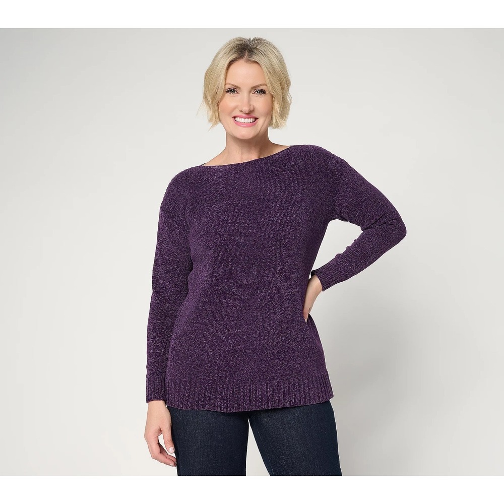 Denim & Co. Chenille Boat Neck Long Sleeve Sweater Deep Purple LARGE   (#510-F